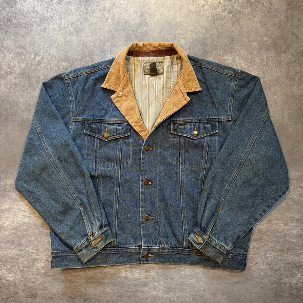 Wrangler Expeditions Denim Jacket XL Corduroy Collar Leather Trim Blue Trucker